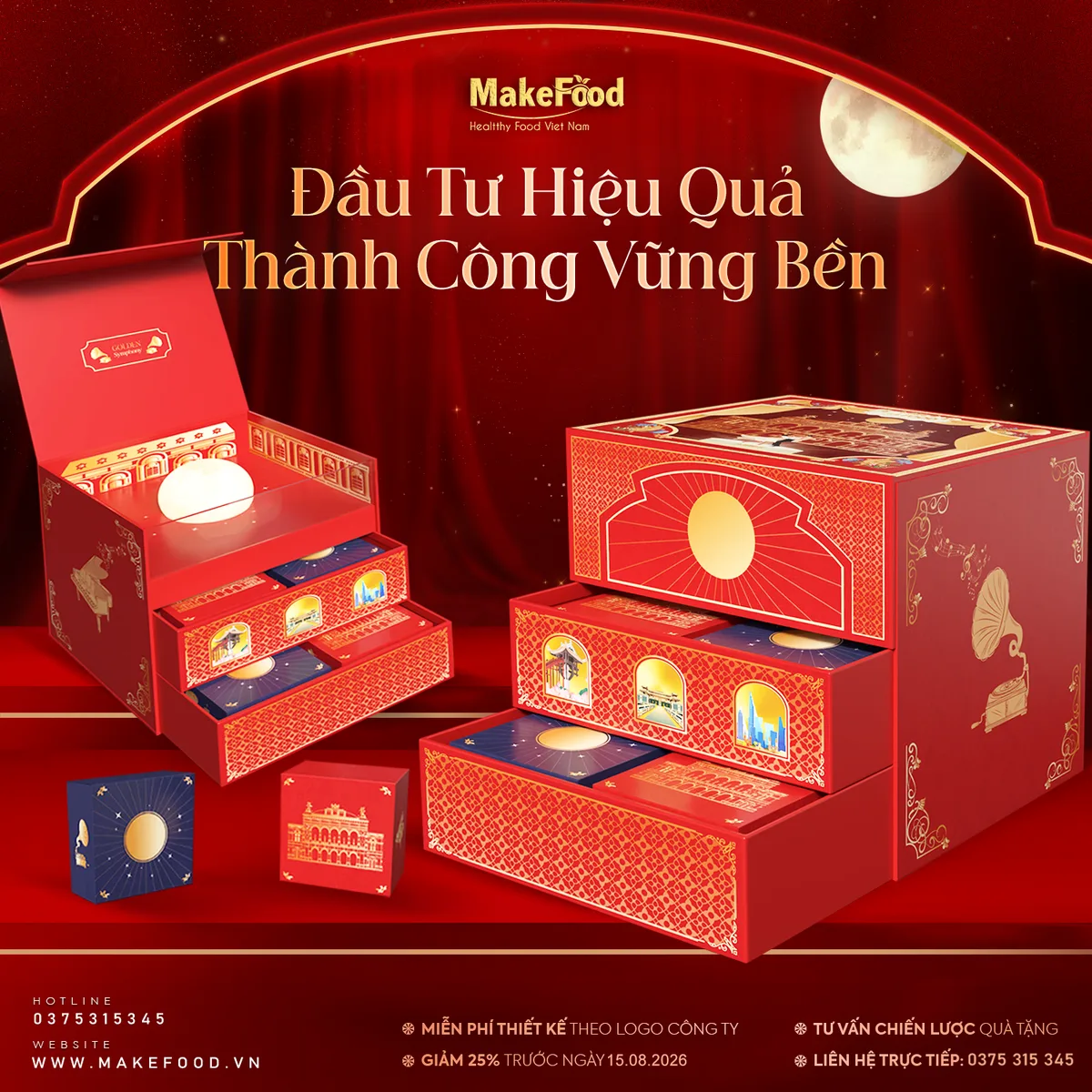 Hộp quà Trung Thu doanh nghiệp — Đêm Diễn Hoàng Kim — 4 Bánh 1 Trà